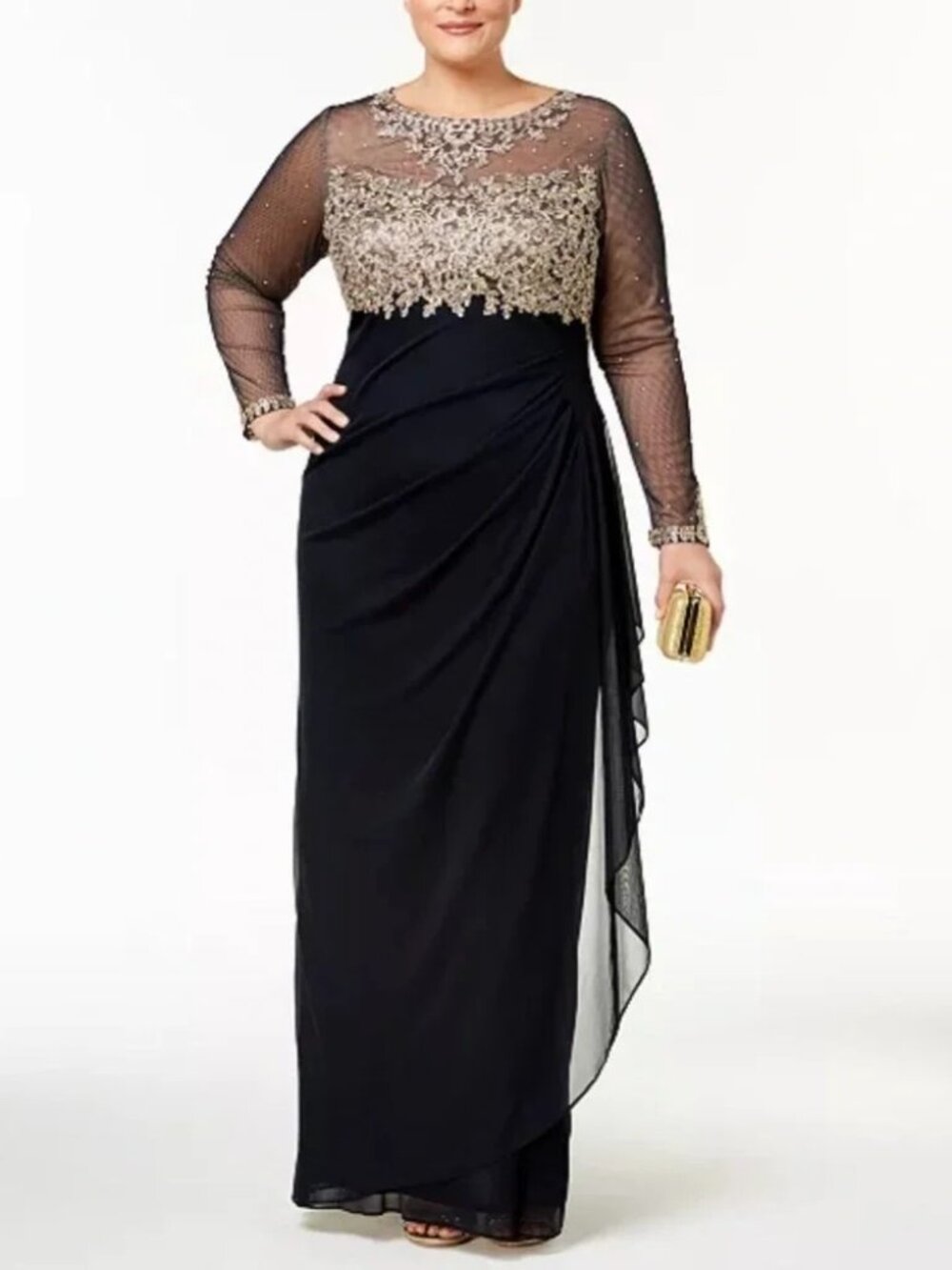 STUNNING Xscape Embroidered Illusion Gown Navy/Gold Size 18